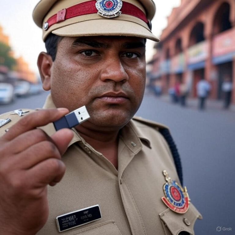 हाथ में यूएसबी ड्राइव लिए दिल्ली पुलिस