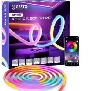 Gesto Smart RGB IC Neon LED Strip Light 5 Meter – App, Remote & Music Sync RGB Lights – Ip67 Waterproof Rope for Home Decor, Gaming, DIY Signs, Diwali Decoration – Adaptor Included
